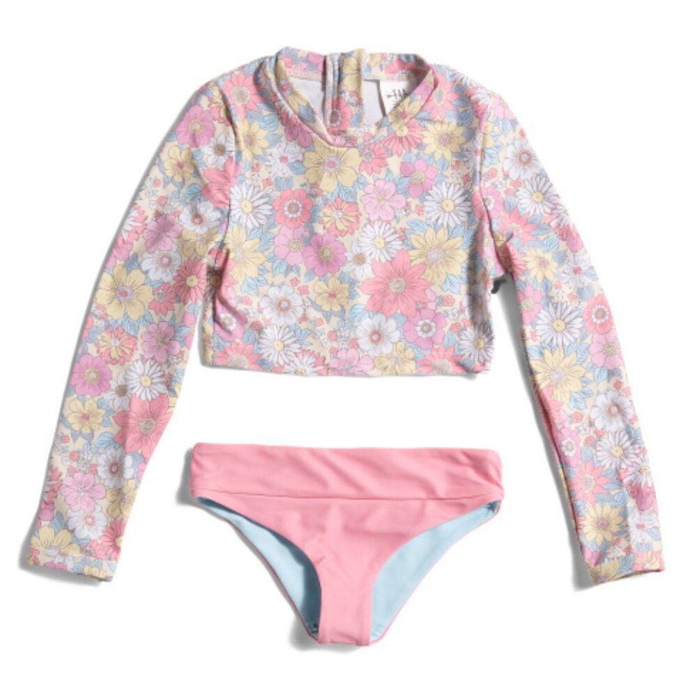 Girls Two Piece Swim Set | Rashguard, Rashkini, Bikini Bottom, Reversible 14 NEW